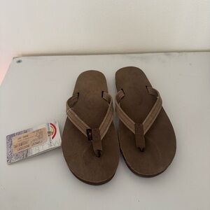 Rainbow Narrow Strap Dark Brown Leather- Flip Flop Sandals - Neutral Brown